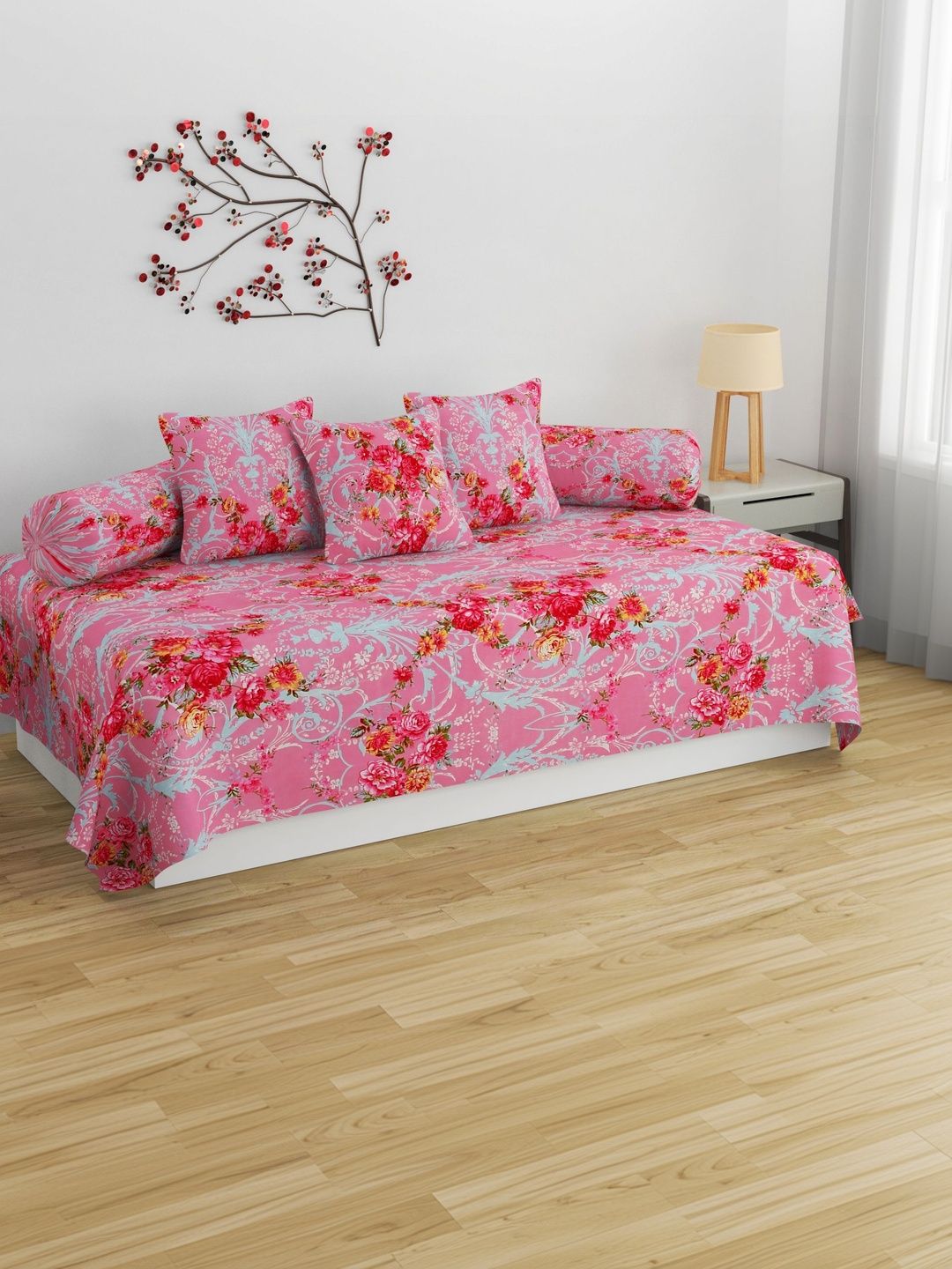 Apala Pink & Blue Printed Bedsheet With Bolster Covers & Cushion Covers 6-Pcs Diwan Set-image-26
