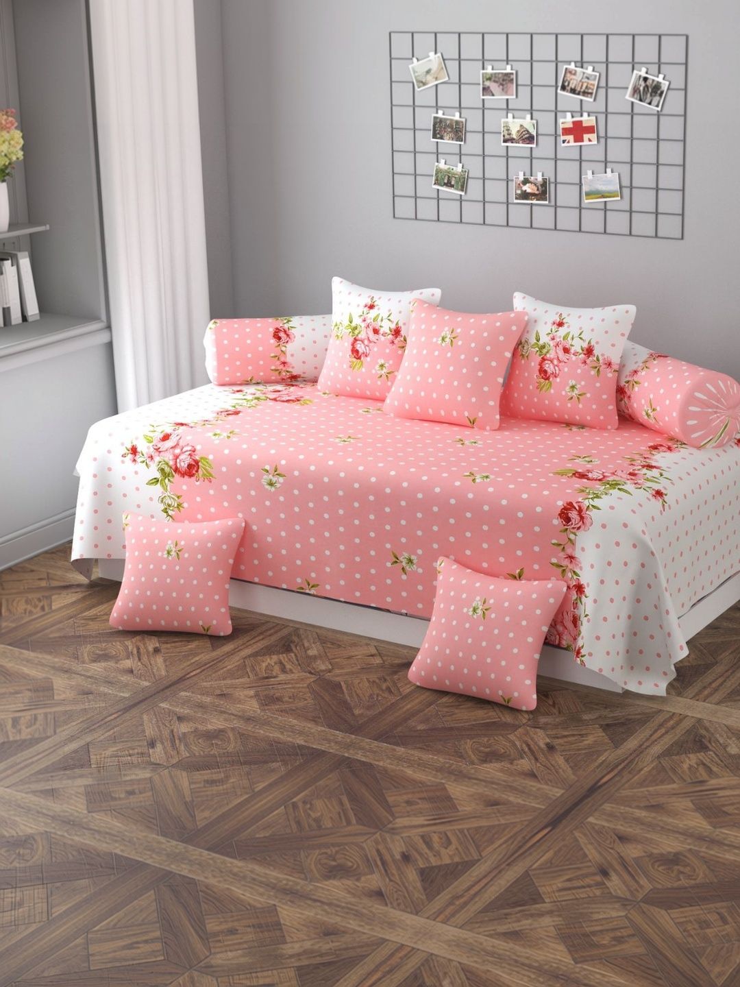 Apala Pink & White Printed Bedsheet With Bolster Covers & Cushion Covers 8-Pcs Diwan Set-image-24