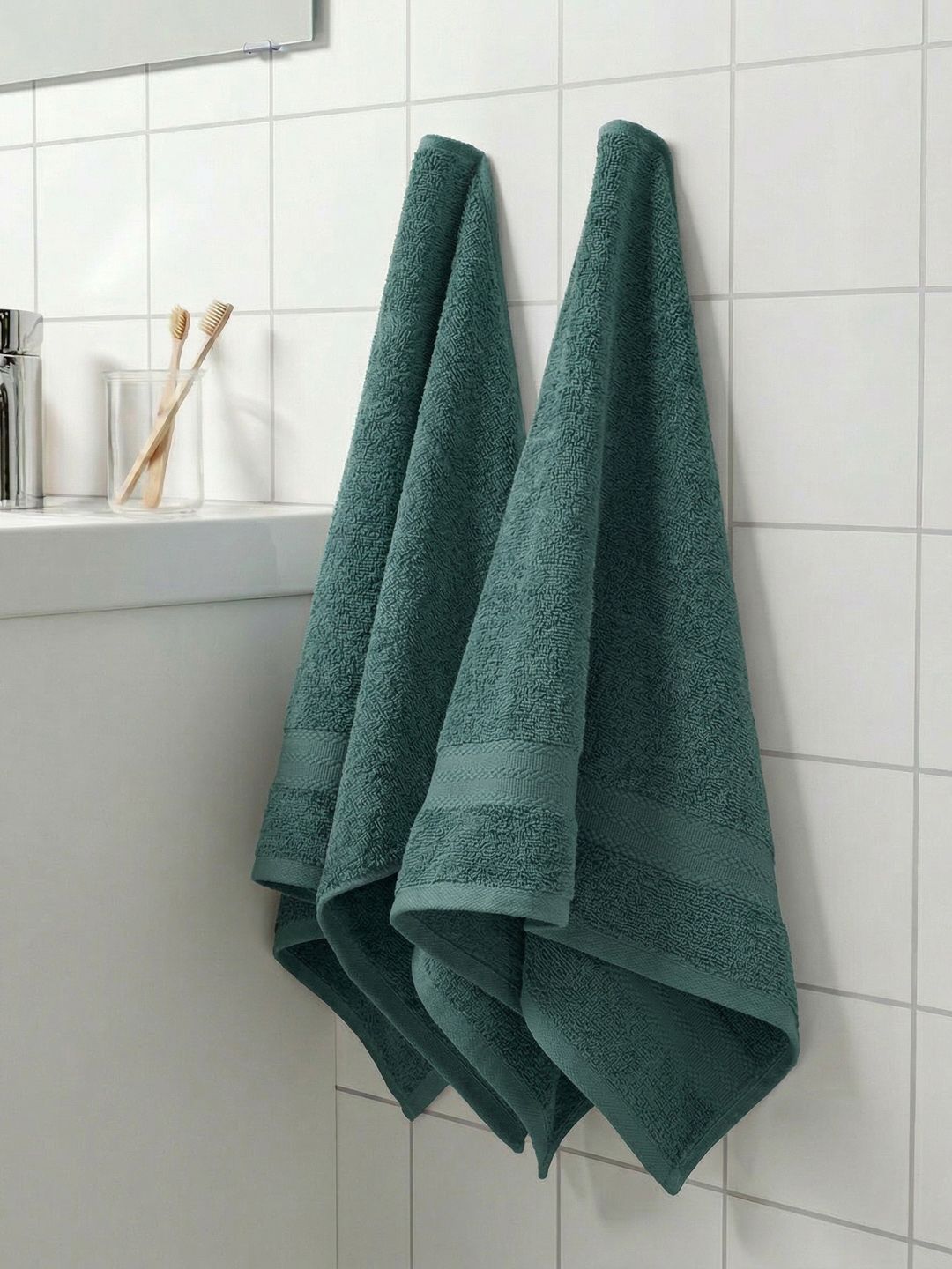 Monte Carlo 2-Pcs Turquoise-Green Textured Pure Cotton 380 GSM Hand Towels-image-26