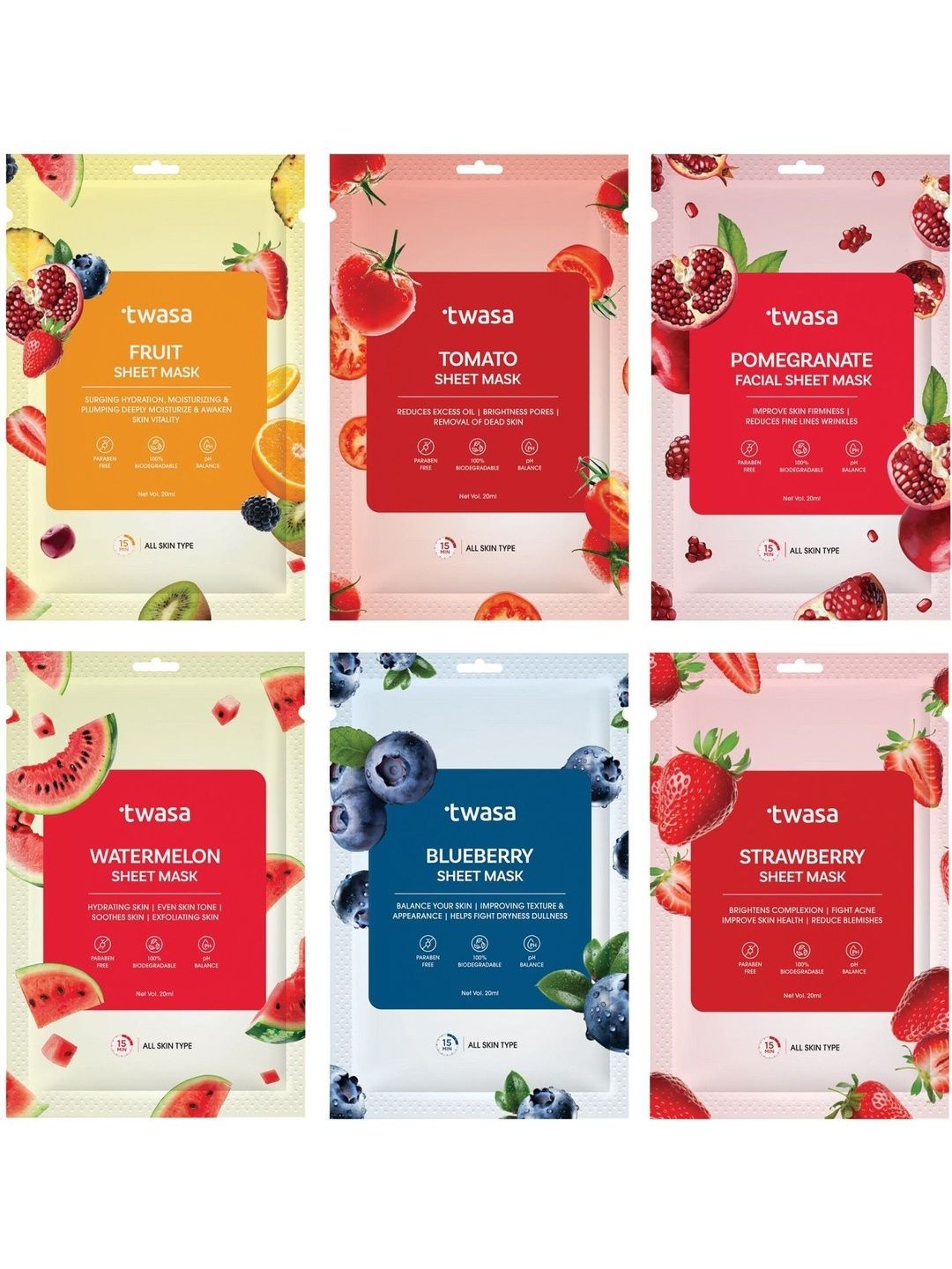 Twasa Set Of 6 Fruit, Tomato, Pomegranate, Watermelon Sheet Mask-picture-36