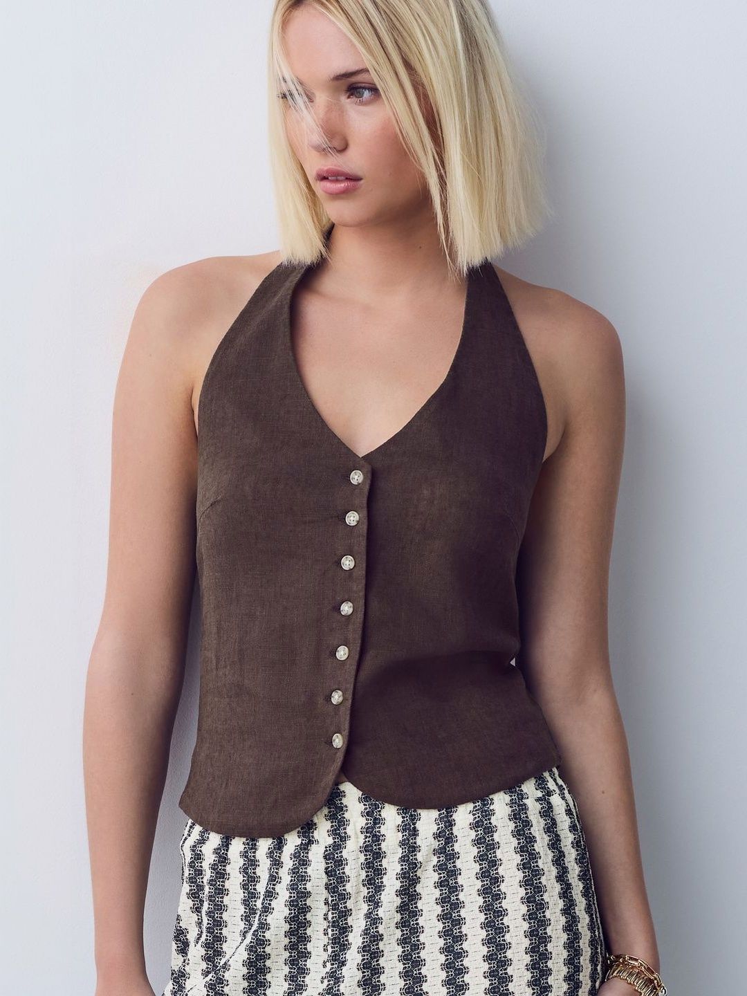 NEXT Chocolate Brown Halter neck Linen Waistcoat-picture-29