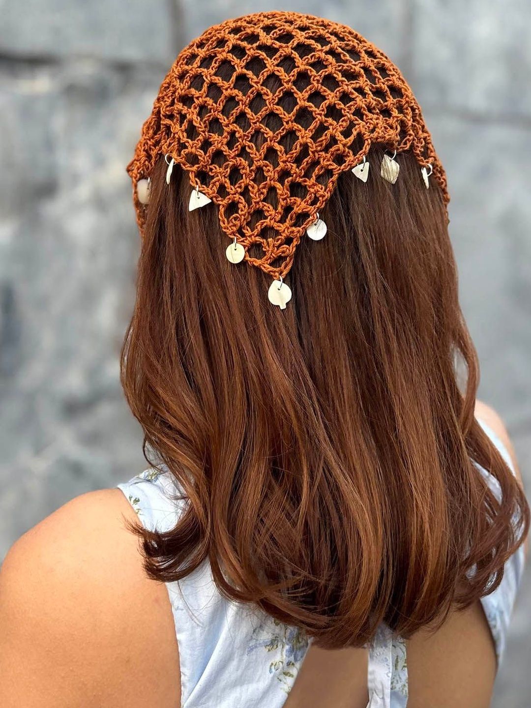 HAIR DRAMA CO. Women Boho Bandana Brown Crochet Scarf with Shell Charms-Small-image-45