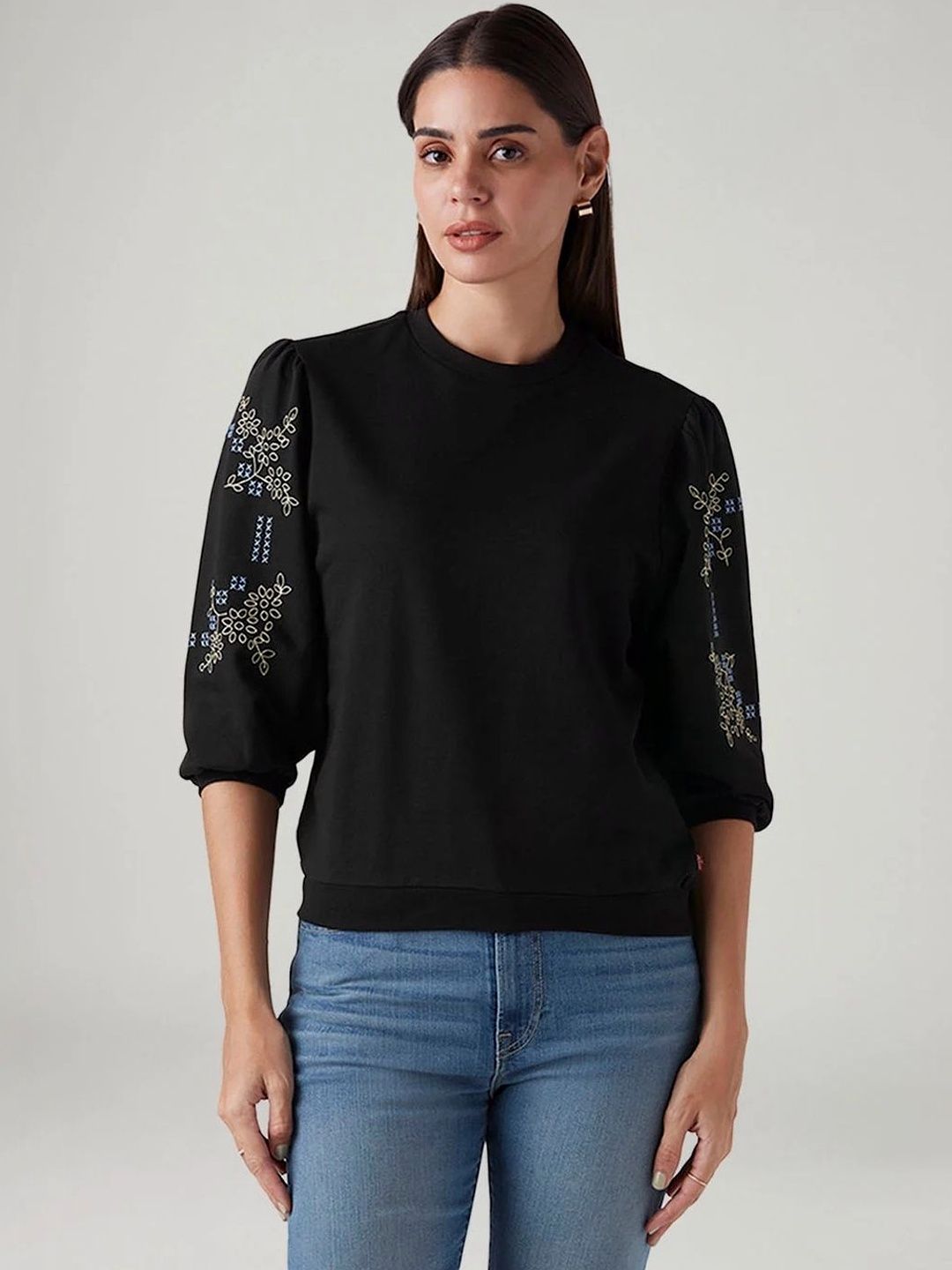 Levis Embellished Embroidered Puff Sleeve Cotton Top-image-6