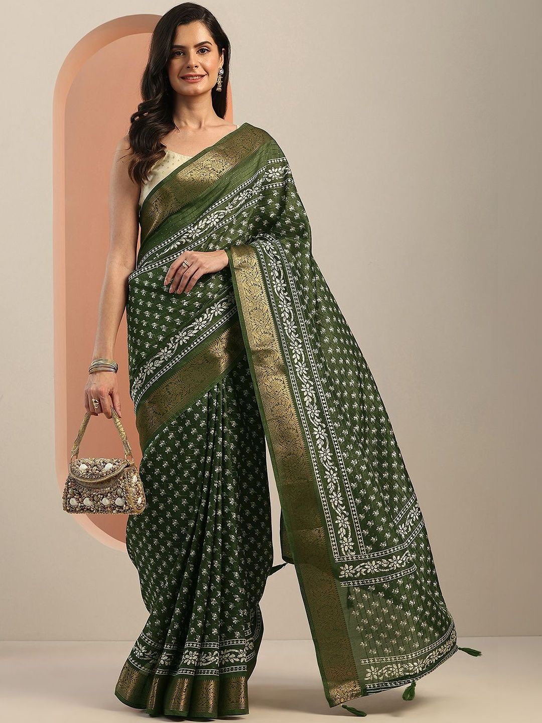 Libas Green Printed Saree With Unstitched Blouse Piece-picture-38
