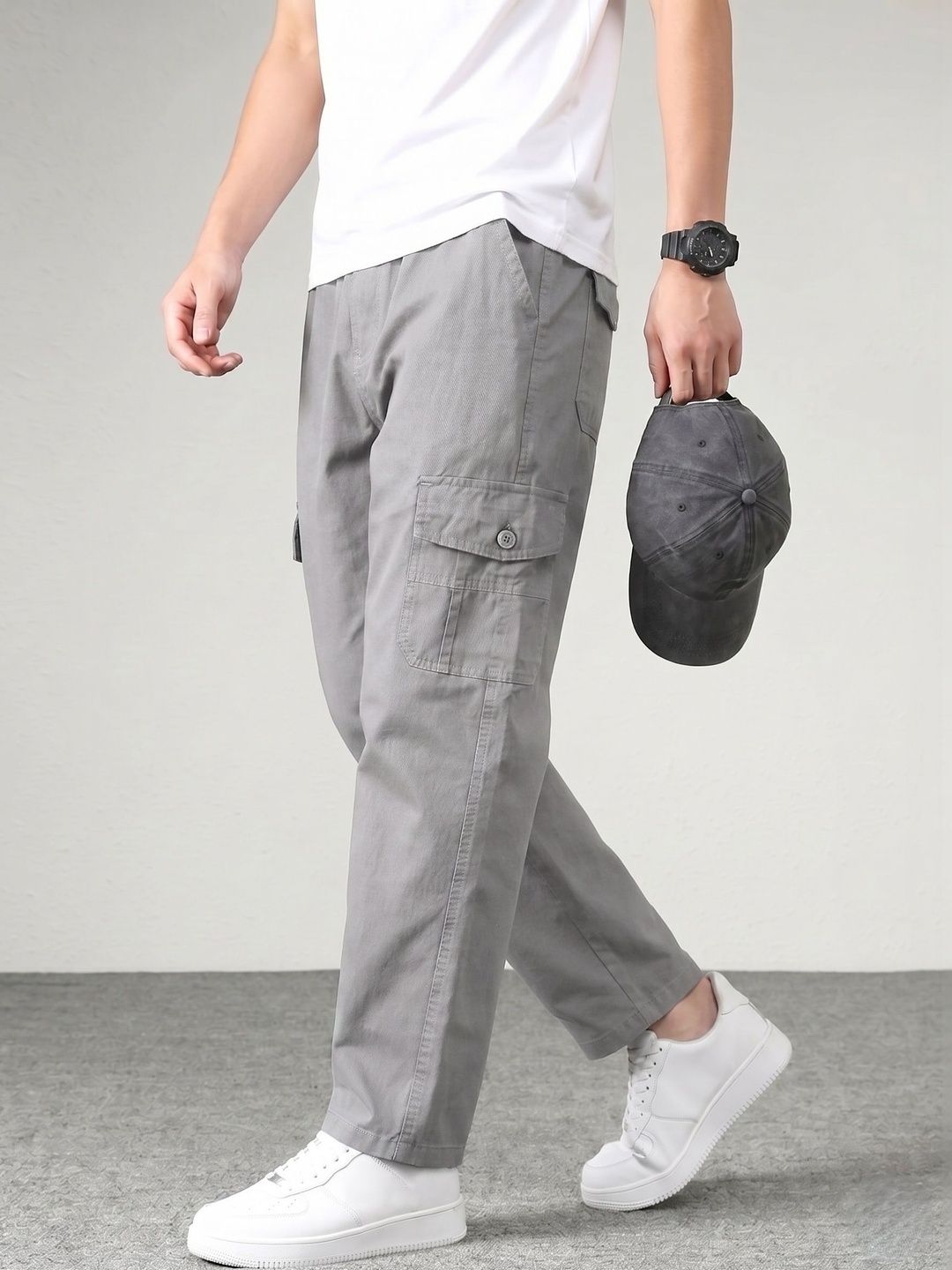 GREENFLAIR Men Relaxed Loose Fit Cargos Trousers-picture-12