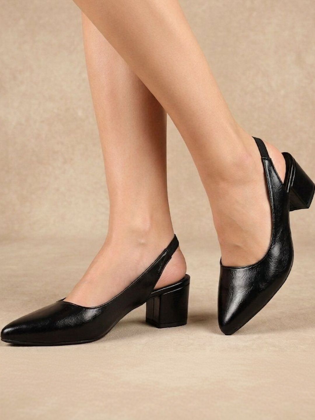 Shoesphere Women Black Slingback Block Pumps-image-1