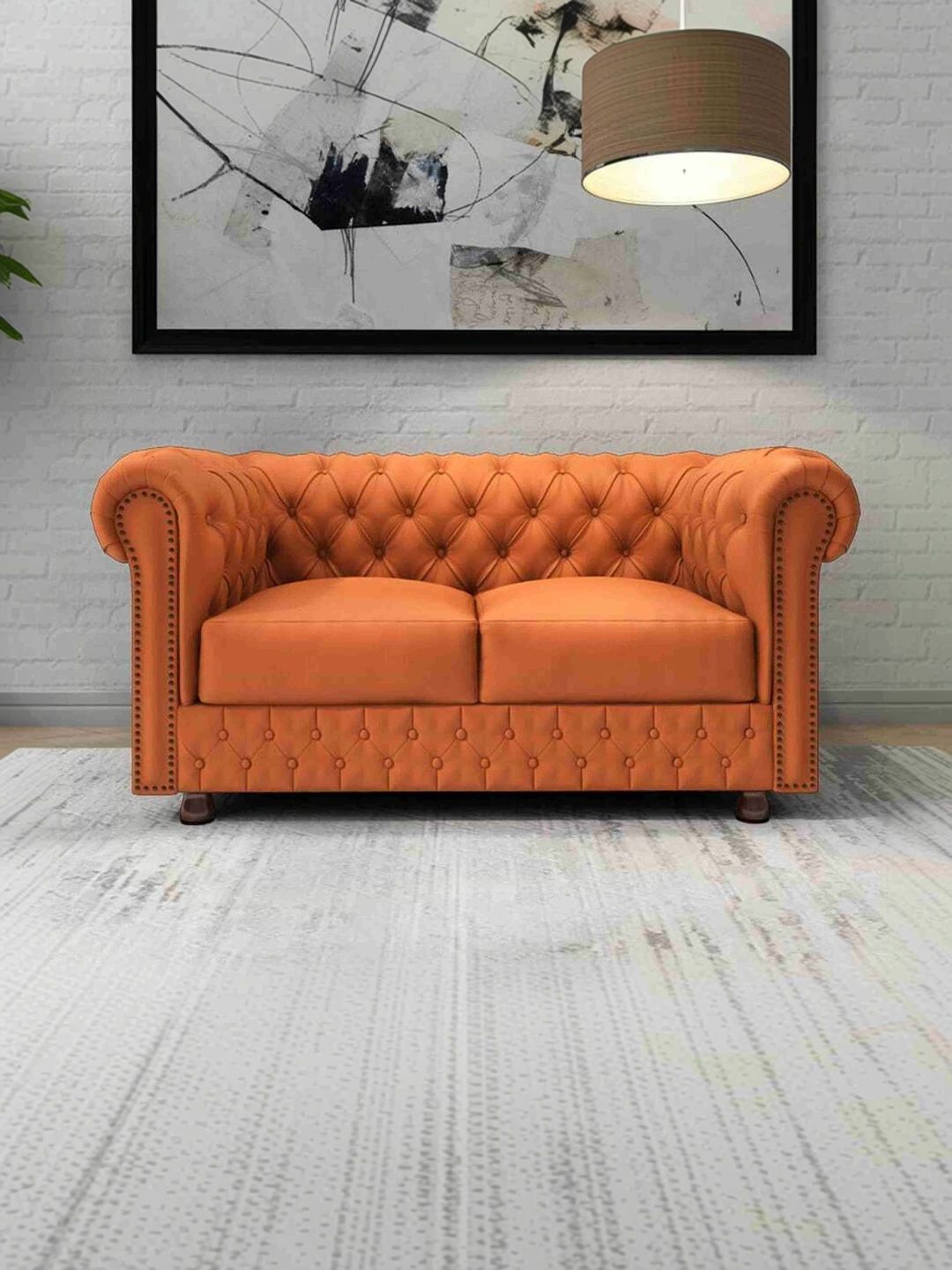 INDIAWOODMART Orange Textured Wooden 2 Seater Sofa-image-44