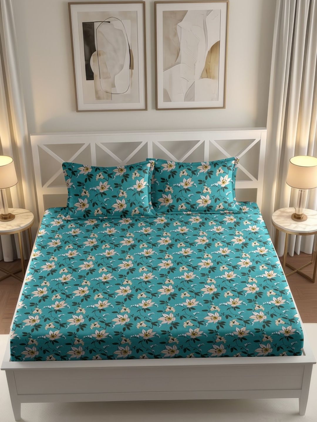 IWS Turquoise Blue Floral 144 TC Bedsheet with 2 Pillow Covers-image-25