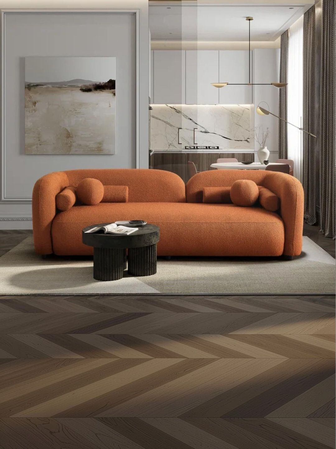 INDIAWOODMART Orange Textured Wooden 3 Seater Sofa-picture-10