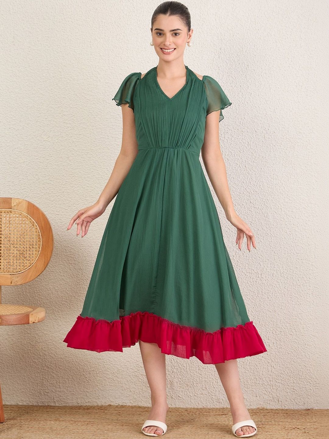 Antheaa Flared Sleeve Chiffon Fit & Flare Dress-picture-31