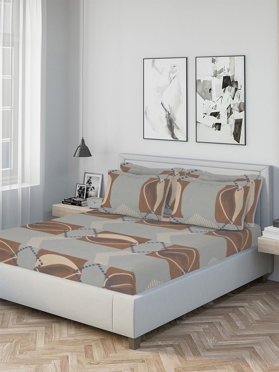 Myntra Elegant Homes Grey Geometric 300 TC King Bedsheet with 2 Pillow Covers-picture-56