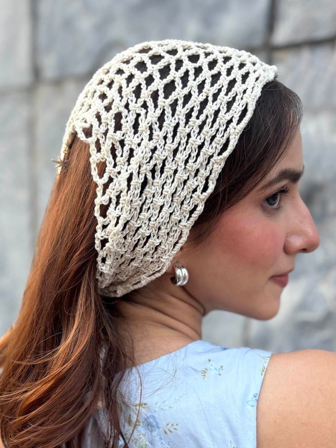 HAIR DRAMA CO. Women Boho Bandana Off White Crochet Scarf with Celestial Charms-Small-picture-27