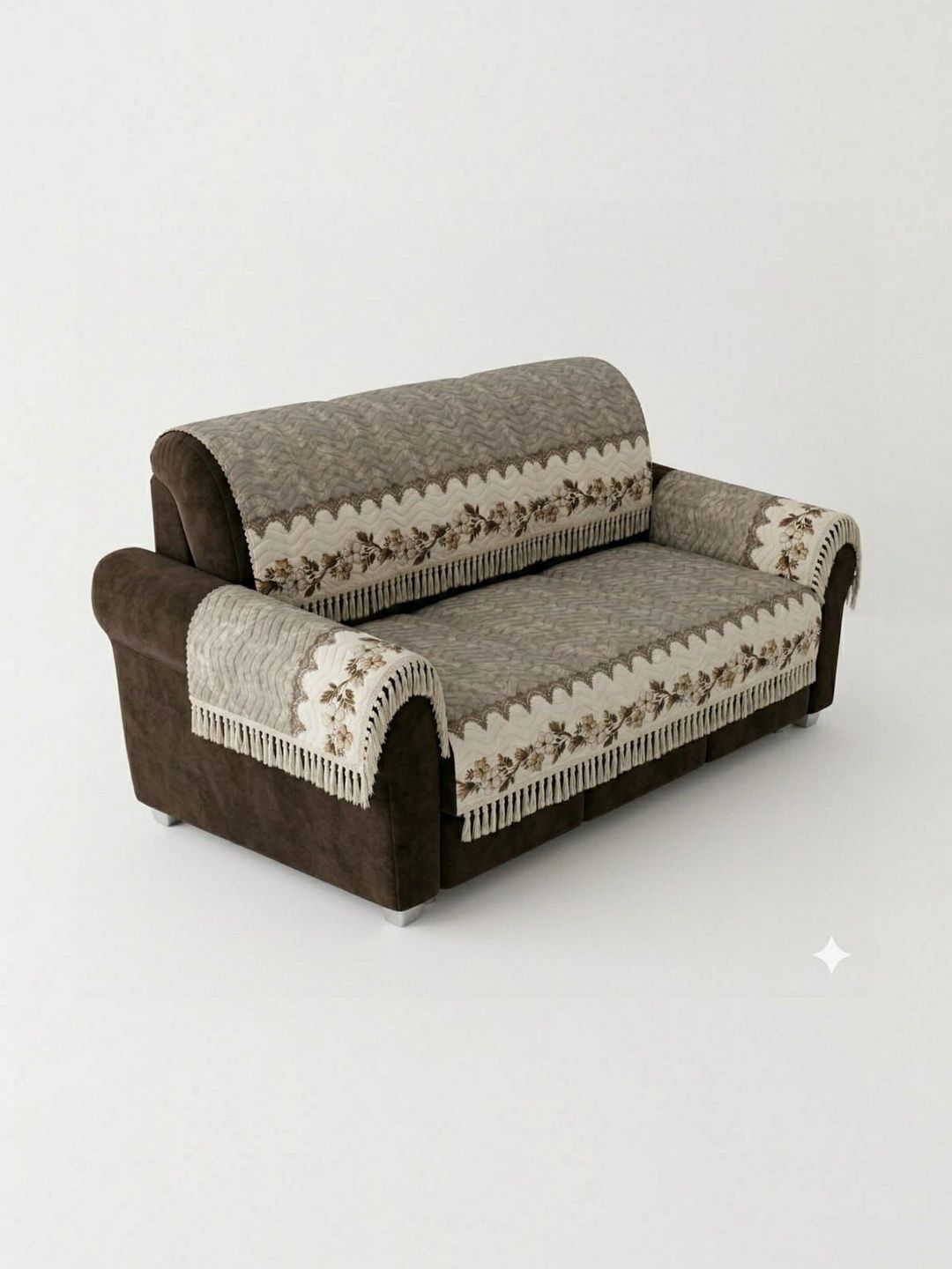 KANUM Beige & Grey Embroidered Polyester Blend Sofa Cover With Arms-picture-0