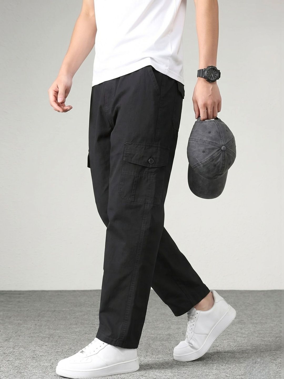 GREENFLAIR Men Relaxed Loose Fit Cargos Trousers-picture-10