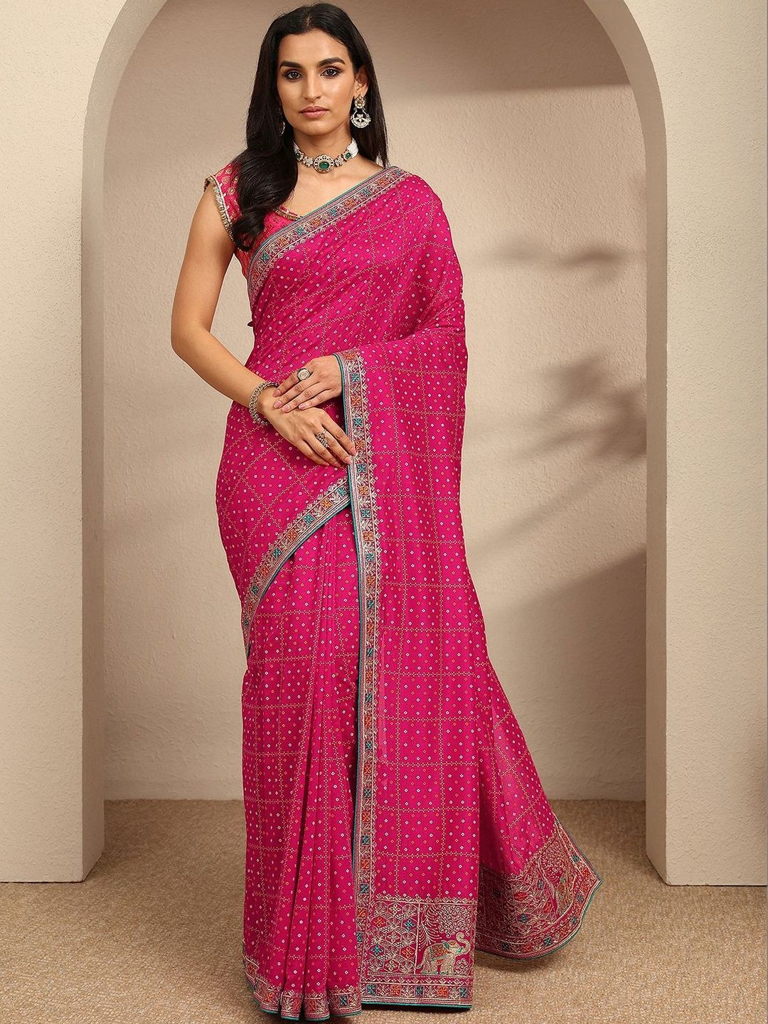 Libas Pink Bandhani Printed Saree With Unstitched Blouse Piece-image-45