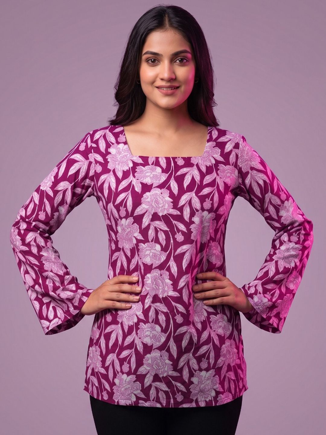 HERE&NOW Floral Printed Square Neck Flared Sleeves Kurti-picture-12