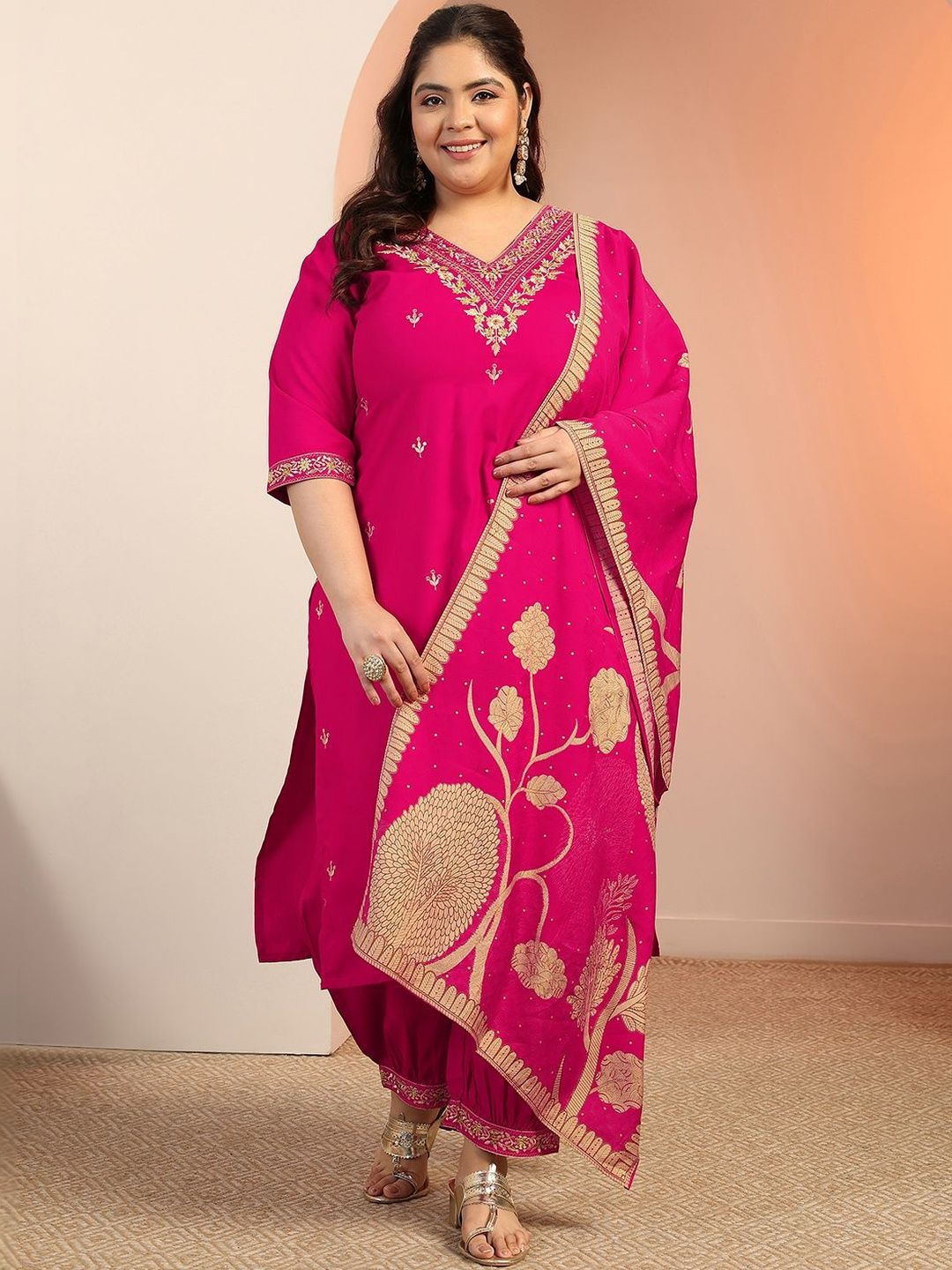 extra love by libas Plus Size Pink Embroidered Viscose Straight Suit Set With Dupatta-picture-10