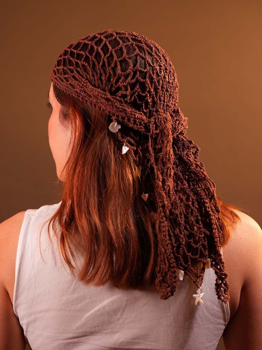 HAIR DRAMA CO. Women Boho Bandana Brown Crochet Scarf with Shell Charms-Medium-picture-28
