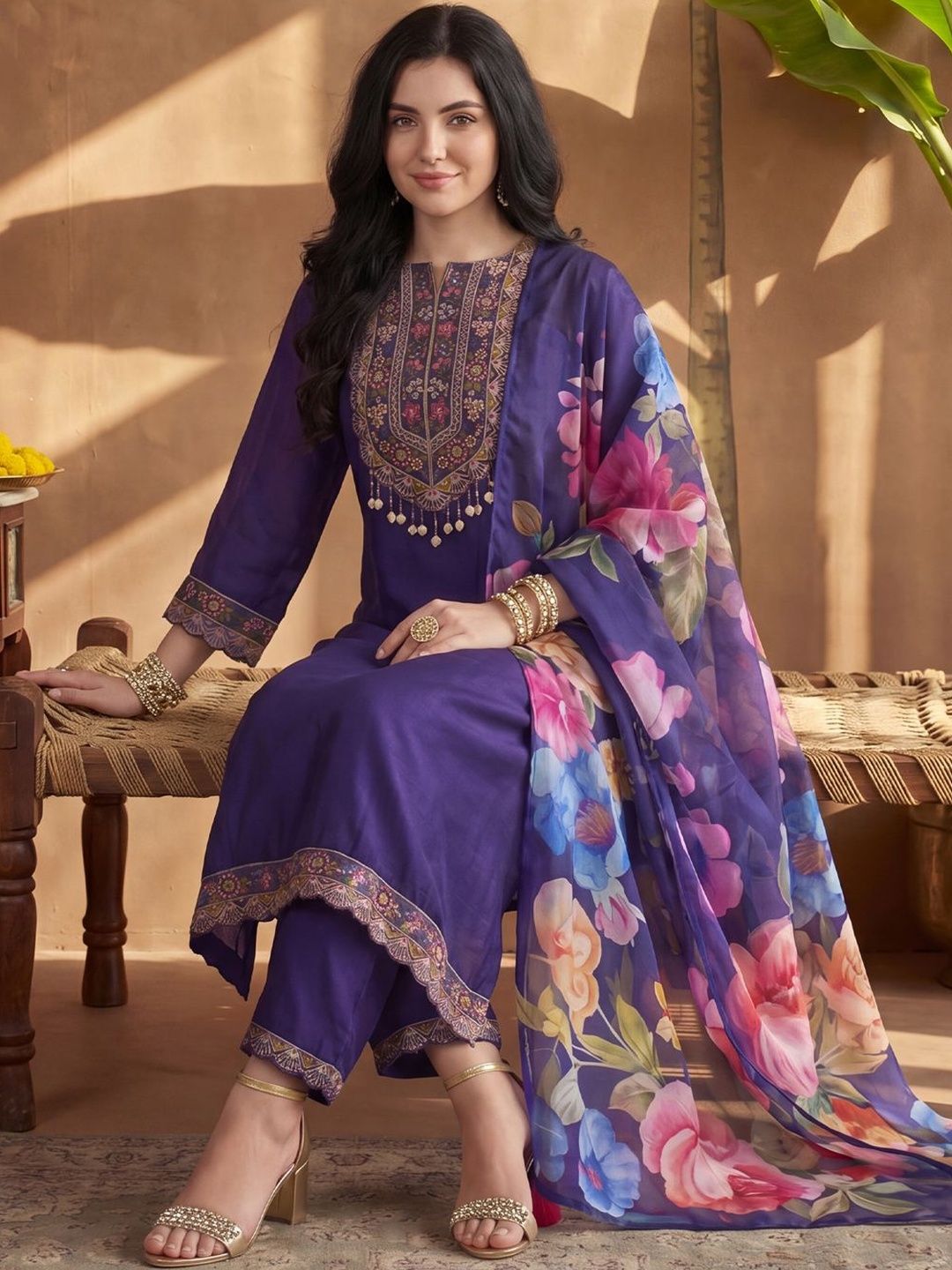 Indo Era Women Ethnic Motifs Embroidered Regular Thread Work Kurta with Trousers & With Dupatta-picture-21