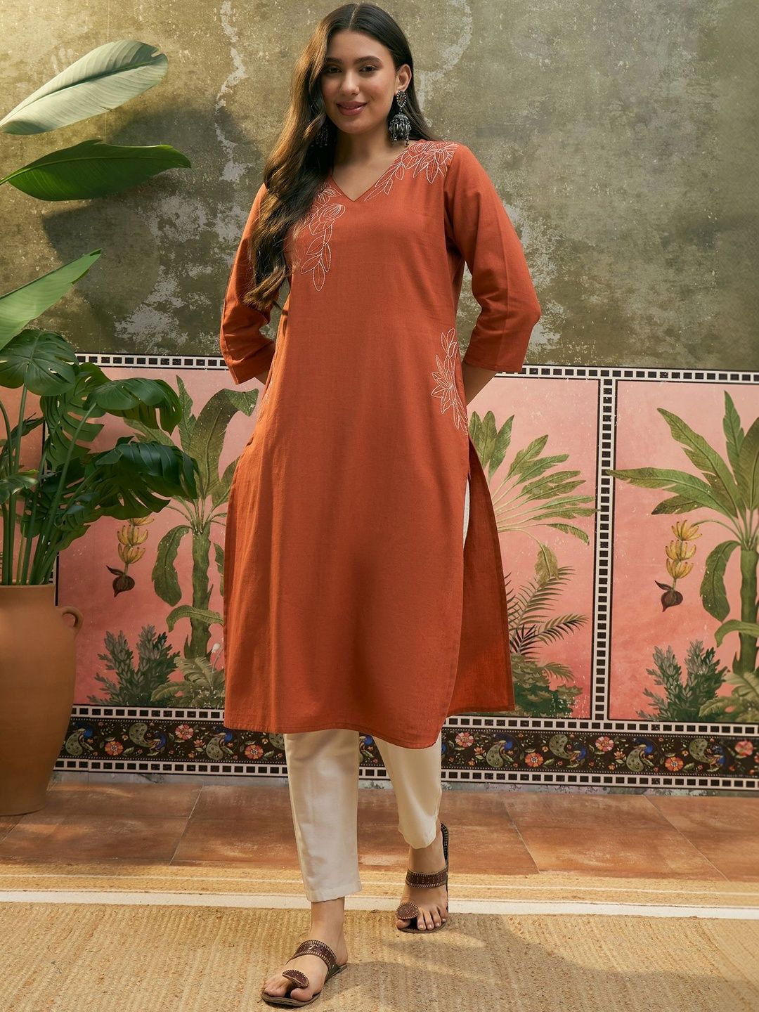 Sangria Printed Cotton V-Neck Calf Length Straight Kurtas-image-31