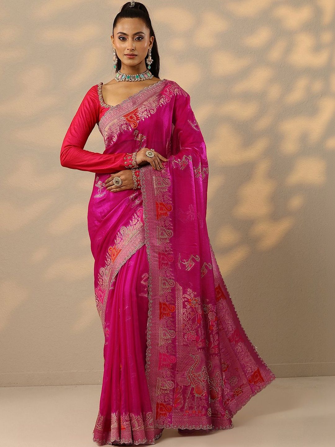 Libas Pink Embellished Banarasi Organza Saree With Unstitched Blouse Piece-image-44