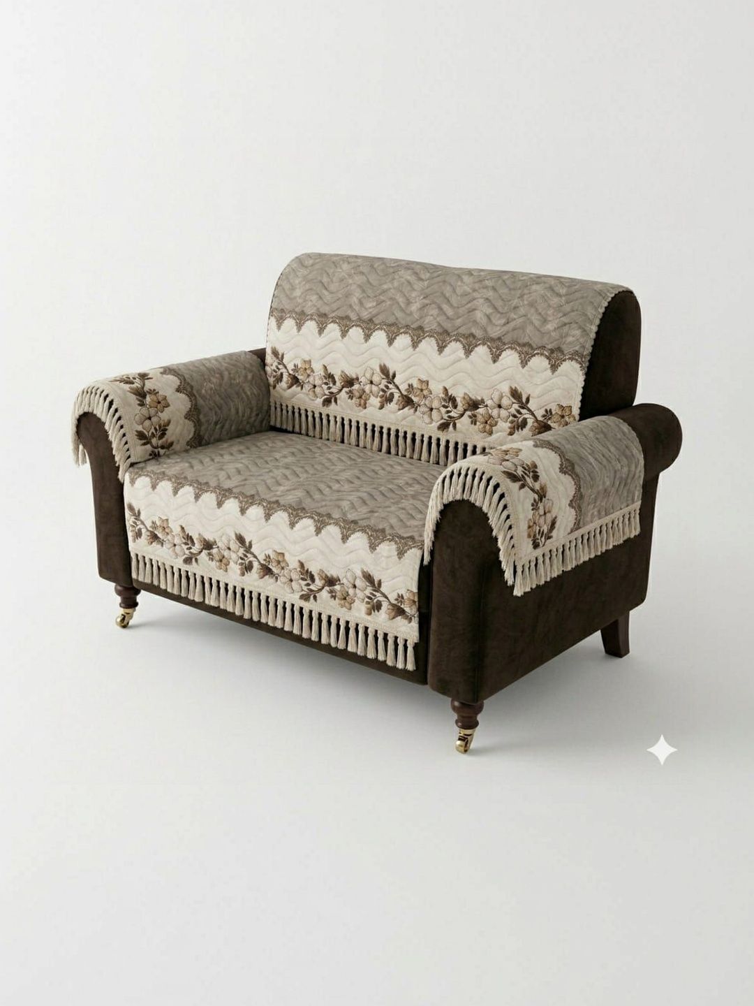 KANUM Beige & Brown Embroidered Polyester Blend Sofa Cover With Arms-picture-42