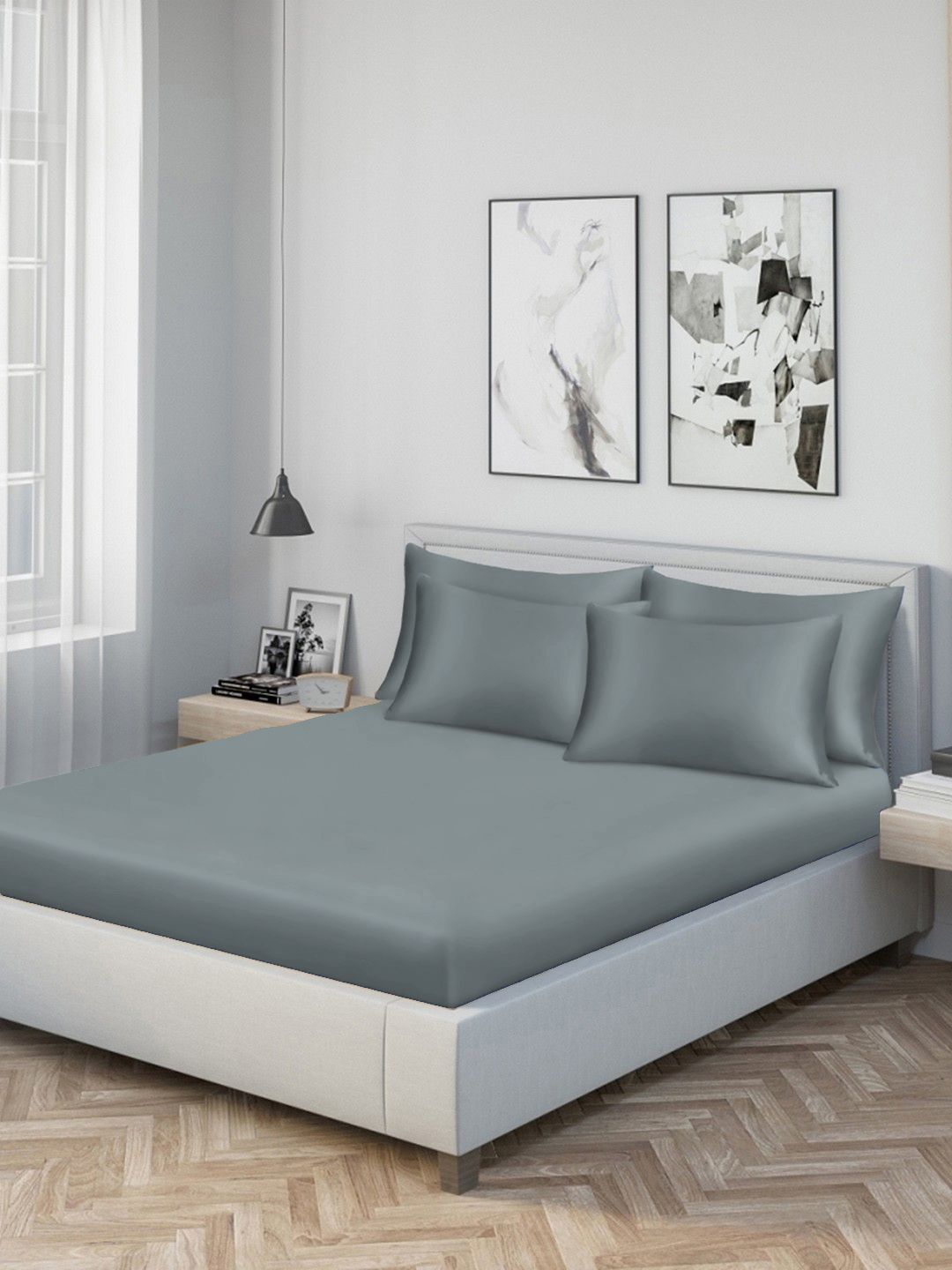 Myntra Elegant Homes Grey 300 TC King Bedsheet with 4 Pillow Covers-picture-31