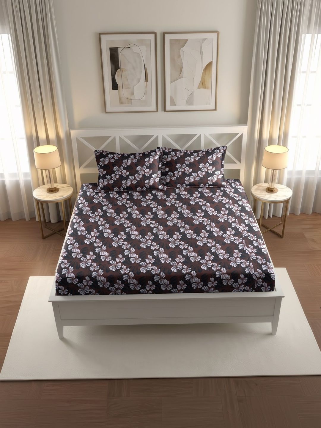 IWS Brown Floral 144 TC Double Bedsheet with 2 Pillow Covers-image-3