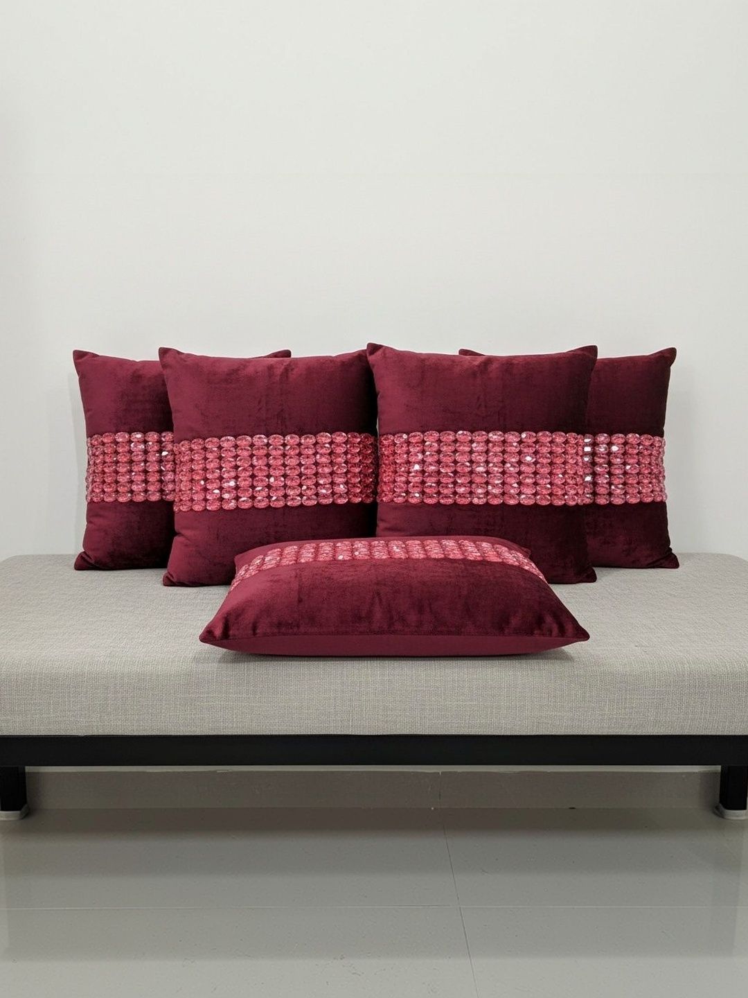Themes Furnishings & Decor Maroon Set of 4 Velvet Square Cushion Covers-image-11