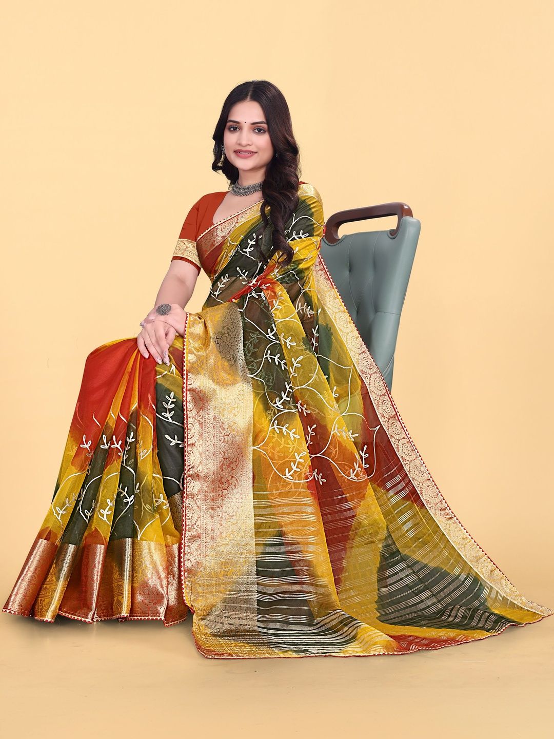 KOTHARI BS Tie and Dye Embroidered Organza Patola Saree-picture-36