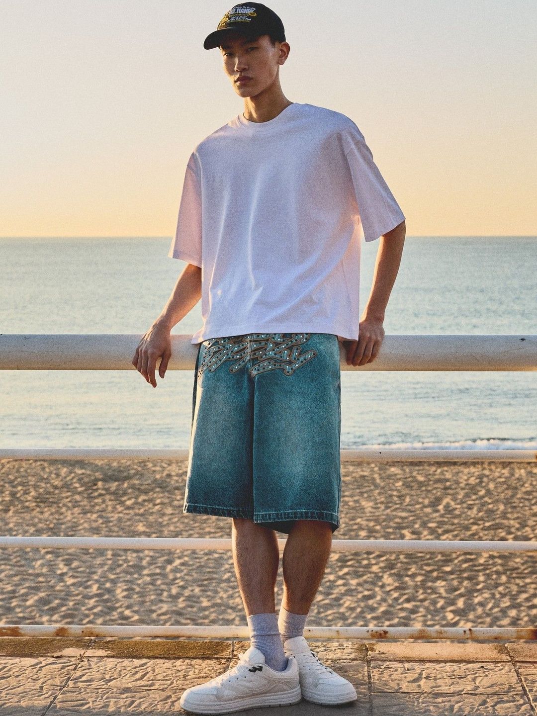 Bershka Men Embroidered Denim Pure Cotton Bermuda Shorts-image-35