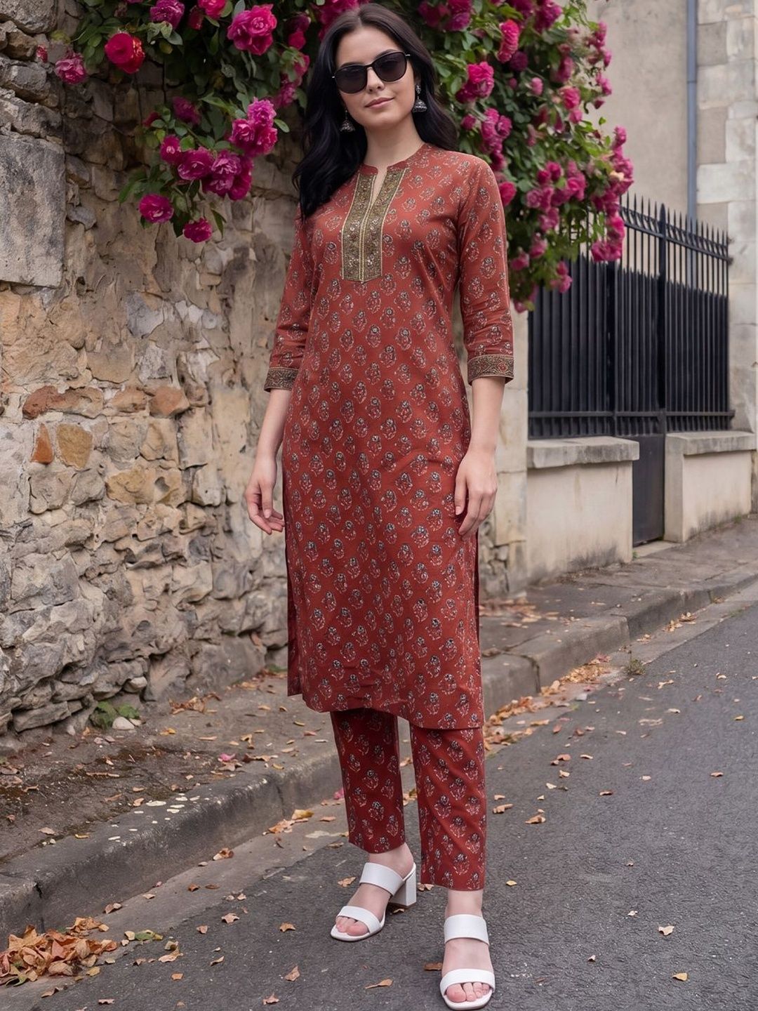 Indo Era Women Ethnic Motifs Printed Regular Thread Work Pure Cotton Kurta with Trousers-picture-33