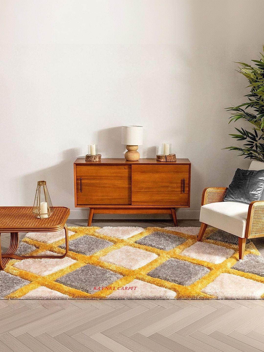 KAYNAT CARPET Yellow Geometric Anti-Skid Polyester Carpet-picture-30