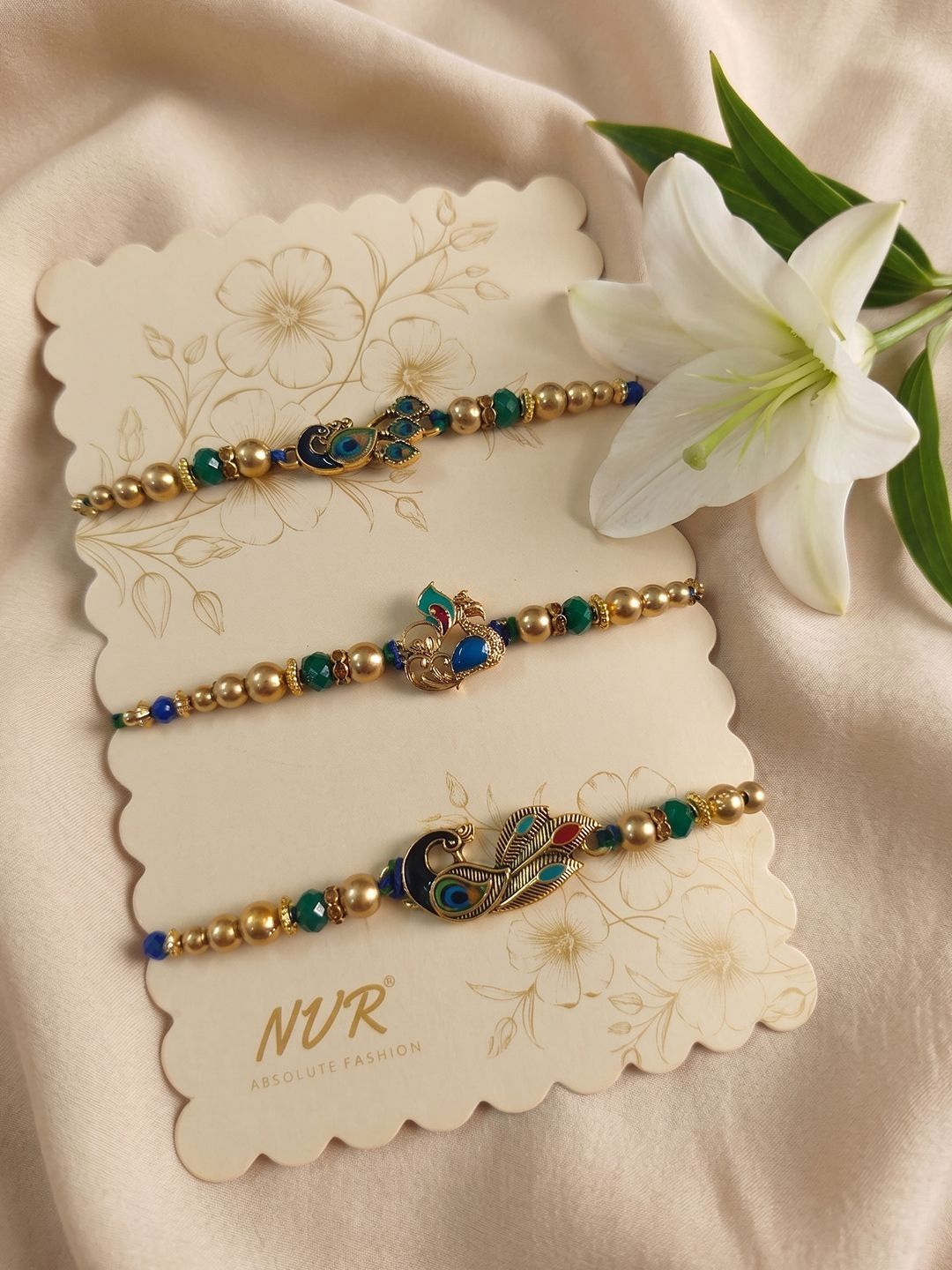 NVR Set Of 3 Peacock Design Multicolor Artificial Beads Thread Rakhi With Roli Chawal-picture-13