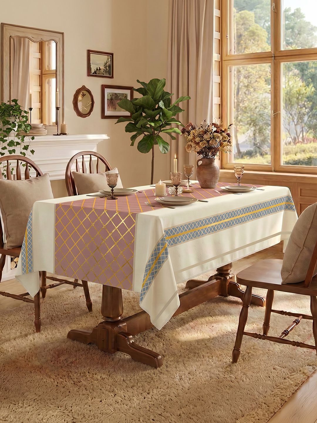 URBAN SPACE Pink Floral Anti-Skid Cotton 4-Seater Table Cover with Zari details-picture-39