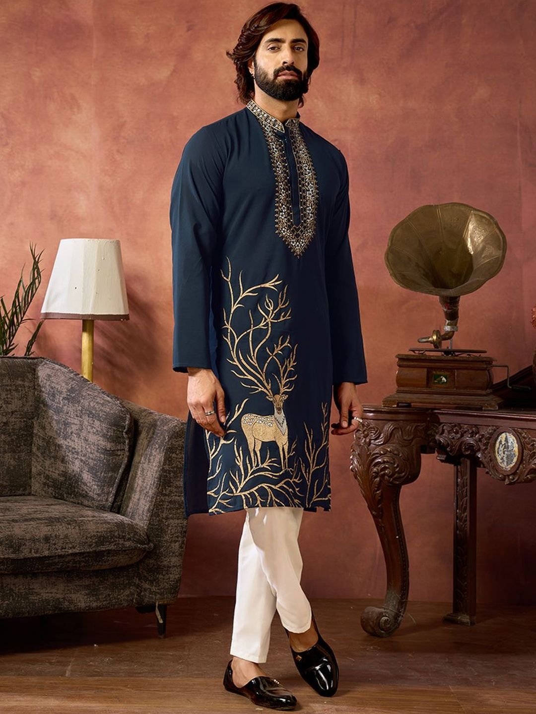 House of Pataudi Embroidered Cotton Mandarin Collar Knee Length Straight Kurta-picture-47