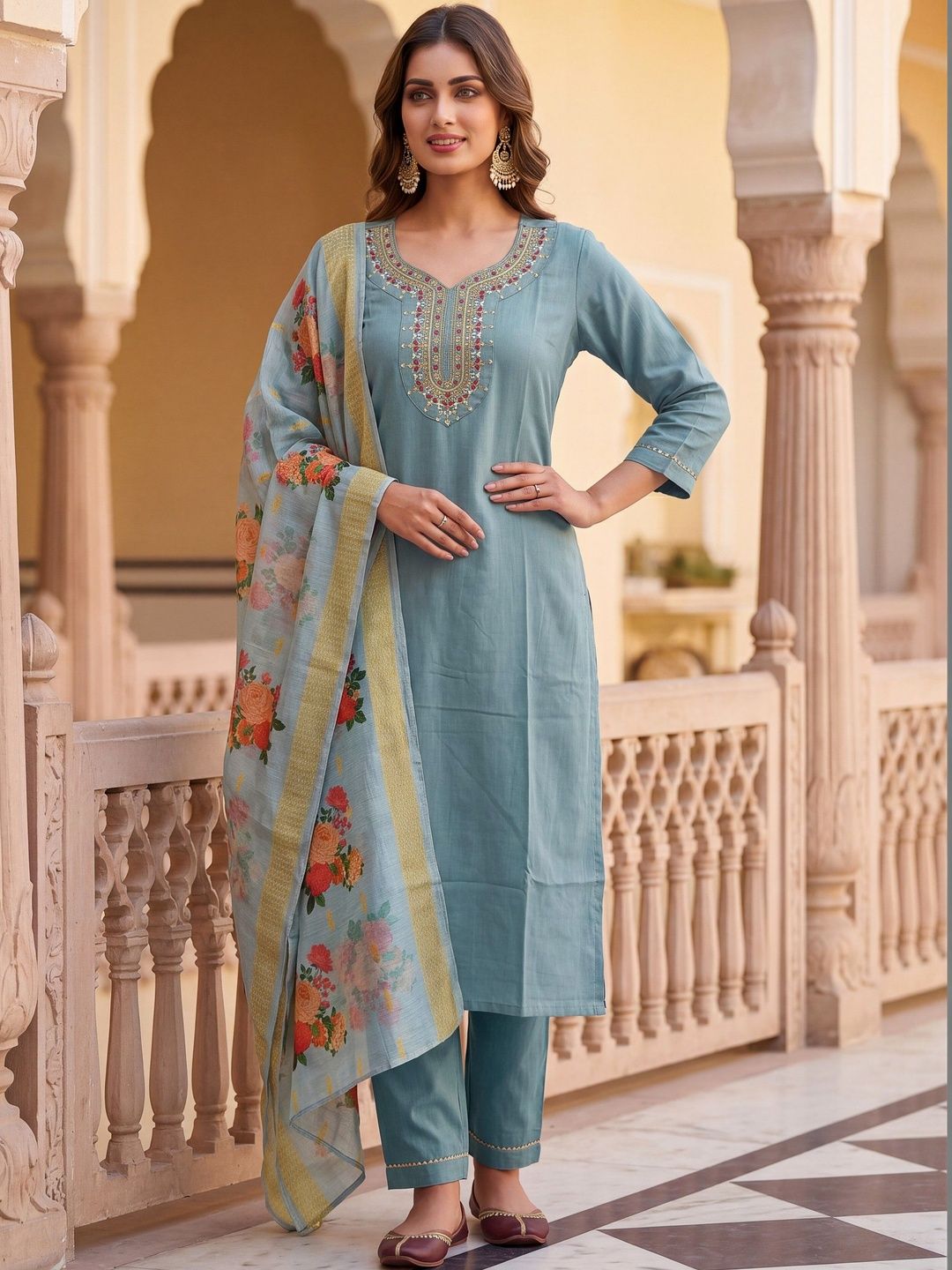 KALINI Women Floral Embroidered Regular Thread Work Silk Crepe Kurta with Trousers & With Dupatta-picture-33