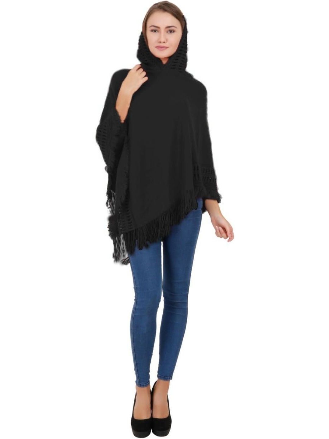 Manra Women Cable Knit Woollen Poncho with Fringed Detail-picture-17