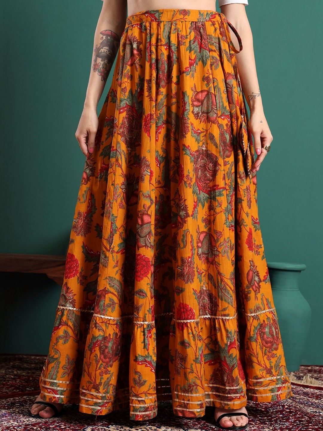Sangria Women Cotton Cotton Cambric Floral Maxi Tiered Skirt-picture-40