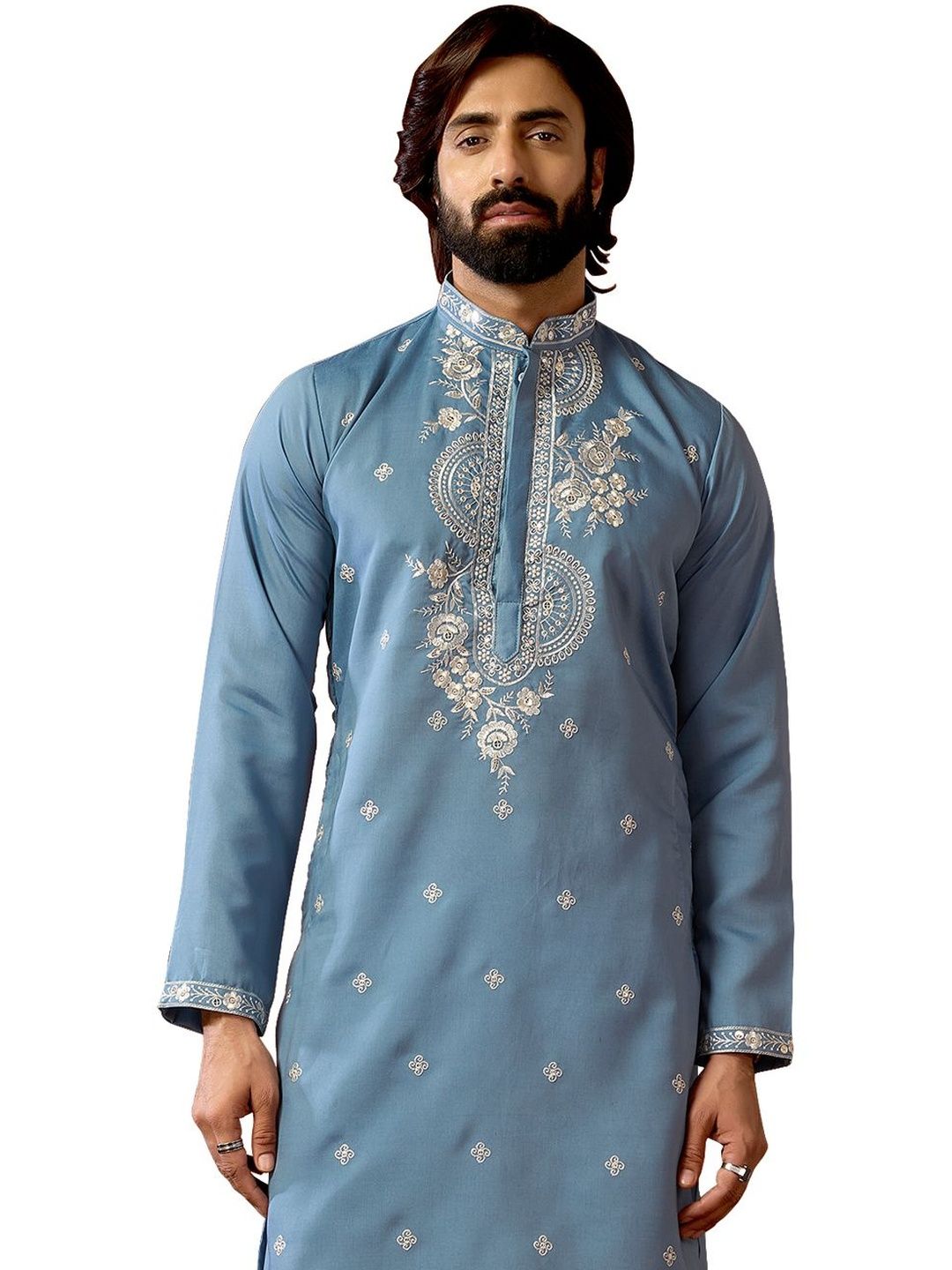 House of Pataudi Embroidered Cotton Mandarin Collar Knee Length Straight Kurta-picture-57