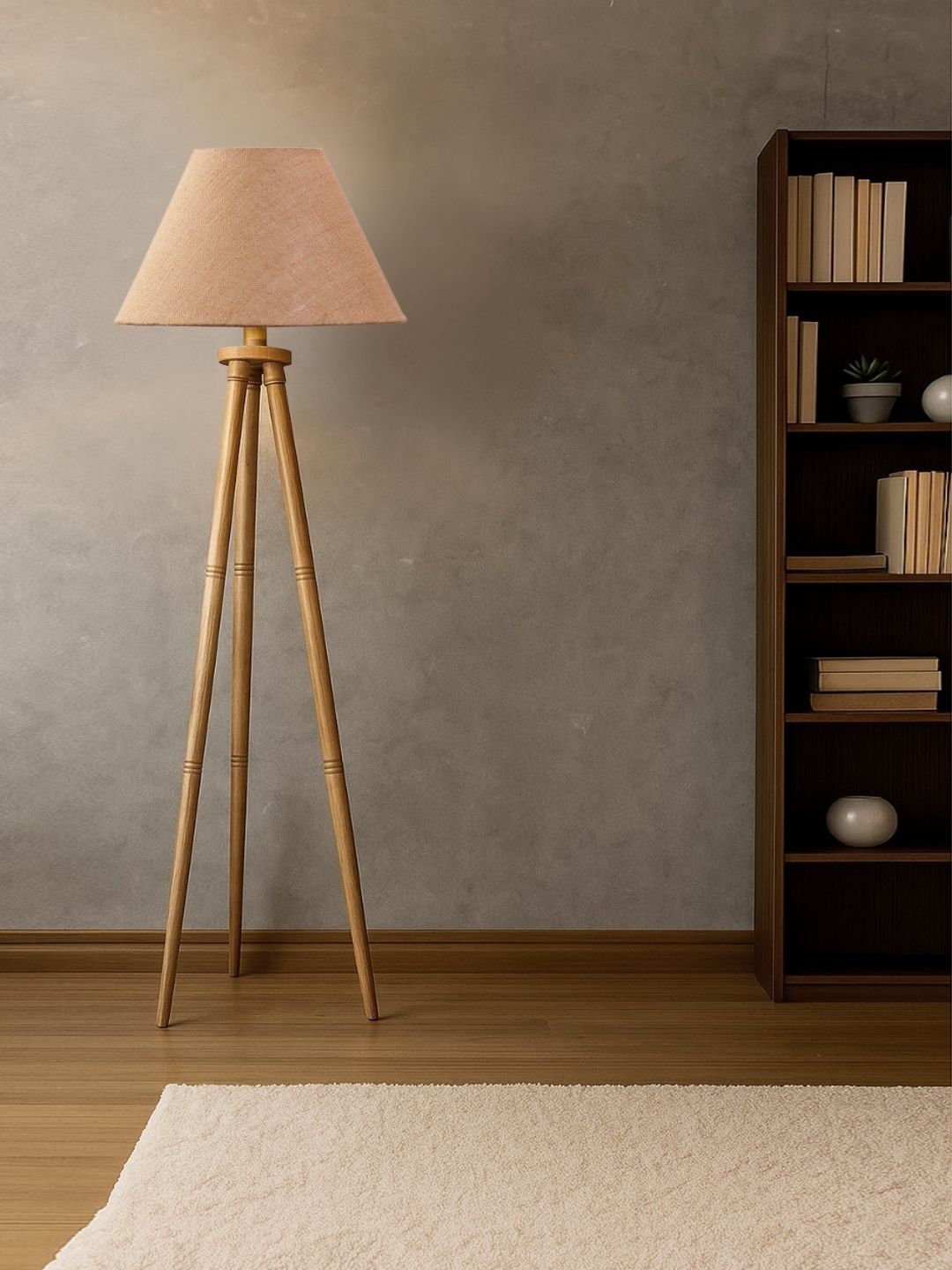 Myntra Elegant Homes Beige & Peach-Colored Wooden Tripod Floor Lamp