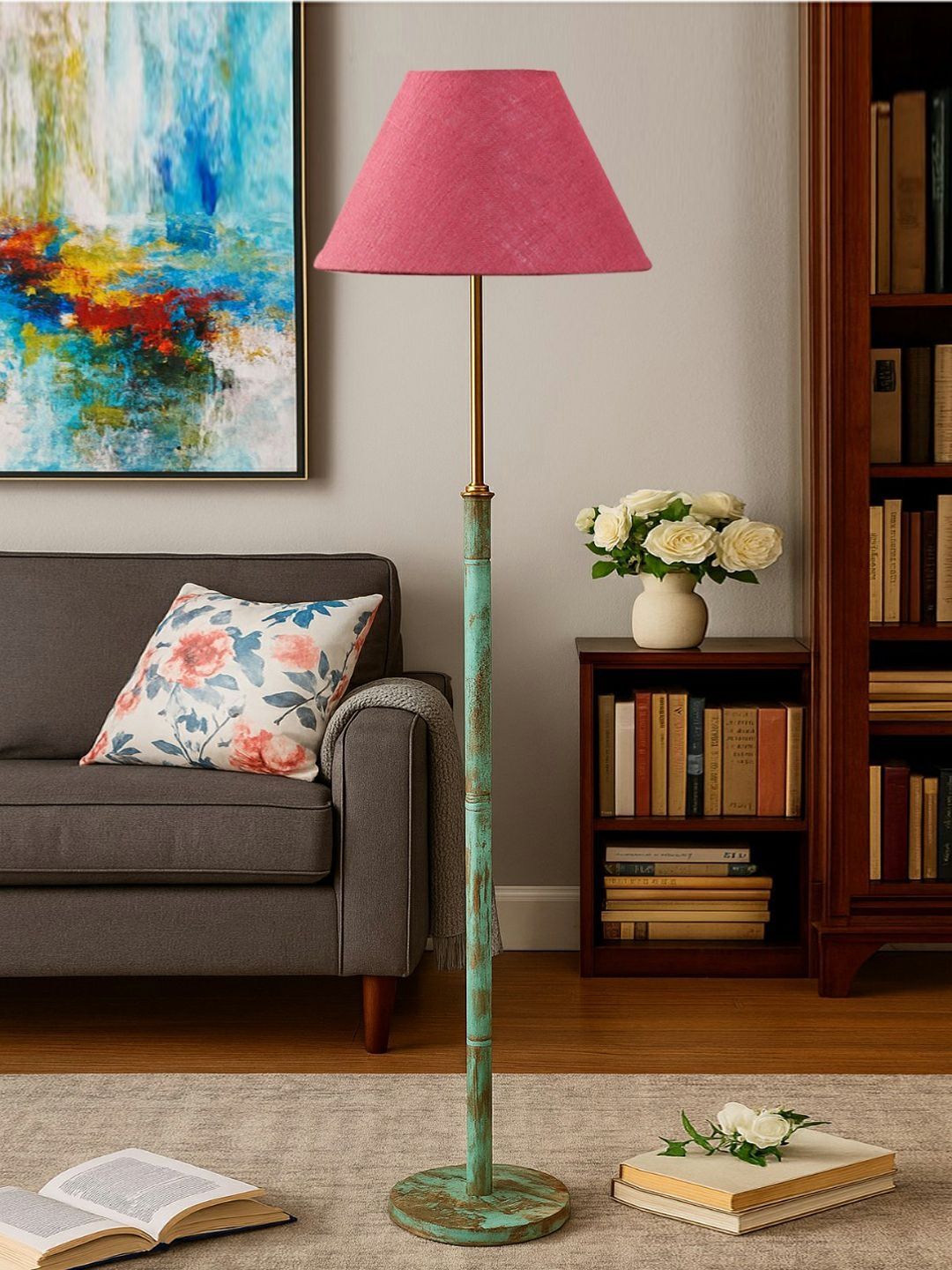 Myntra Elegant Homes Pink Wooden Tripod Floor Lamp