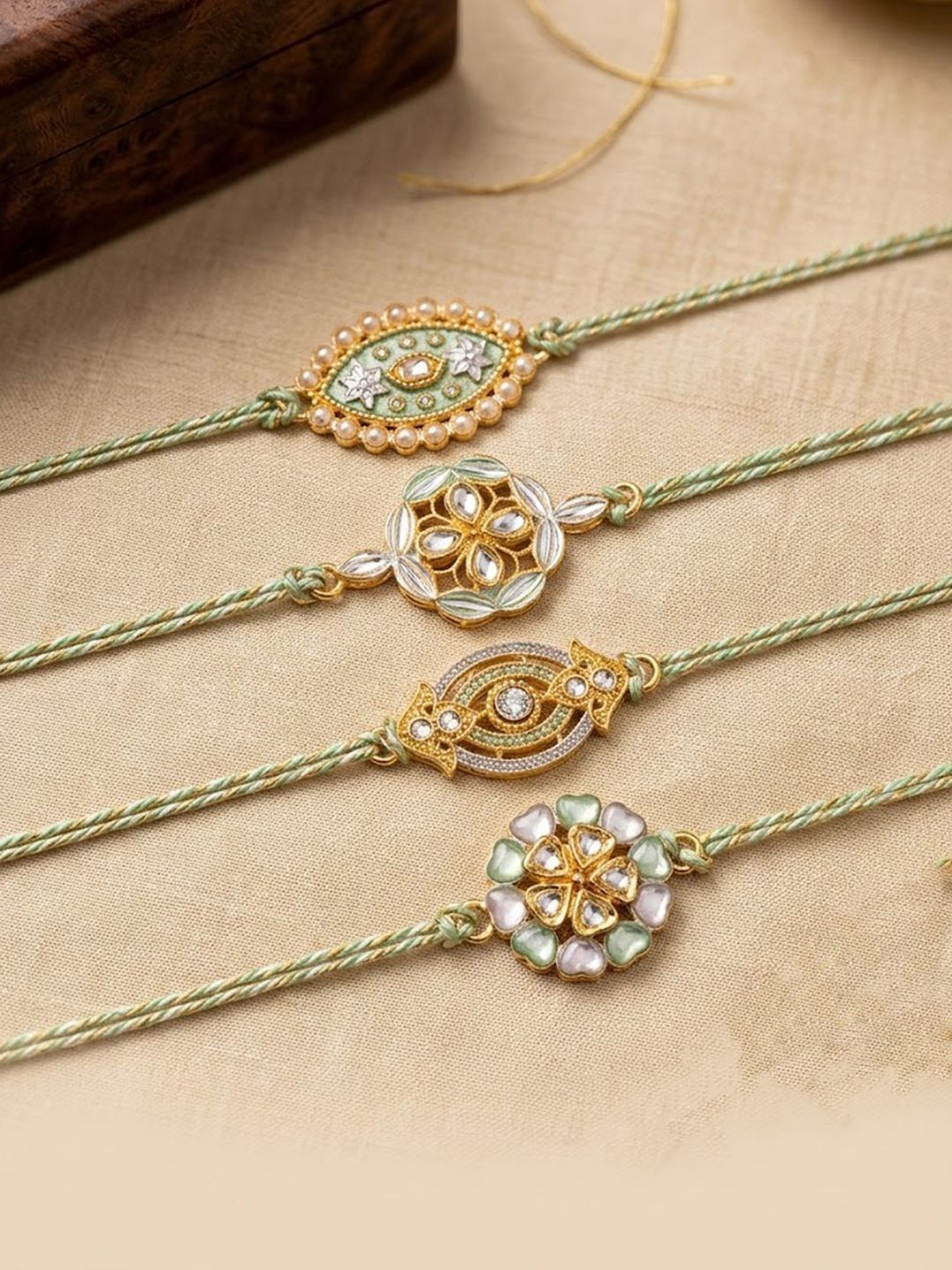 NVR Set Of 4 White Artificial Stones & Green Thread Rakhi With Roli Chawal-image-28