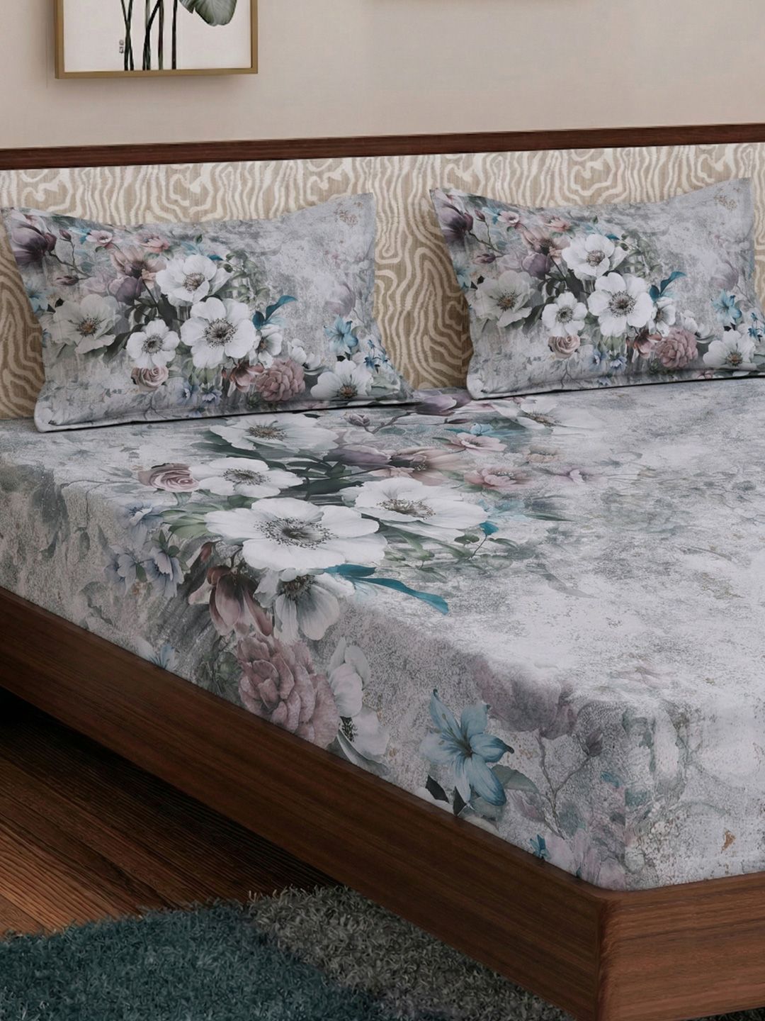 Monte Carlo Grey & Purple Floral Printed 120 GSM King Bedsheet 2.70 m x 2.55 m-picture-38