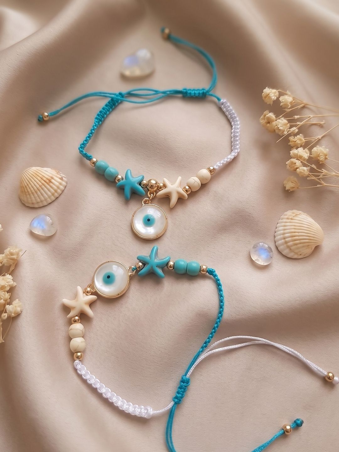 NVR Set Of 2 Blue Evil Eye & White Pearl Bhaiya Bhabhi Rakhi With Roli Chawal Chandan-image-30