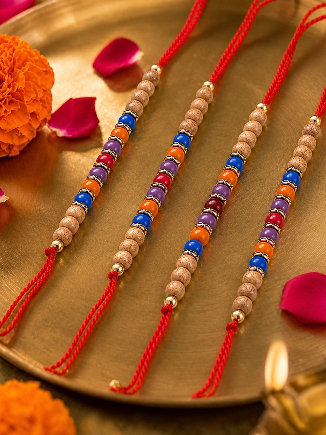 NVR Set Of 4 Multicolor Circular Beads Studded Thread Rakhi With Roli Chawal Chandan-picture-38