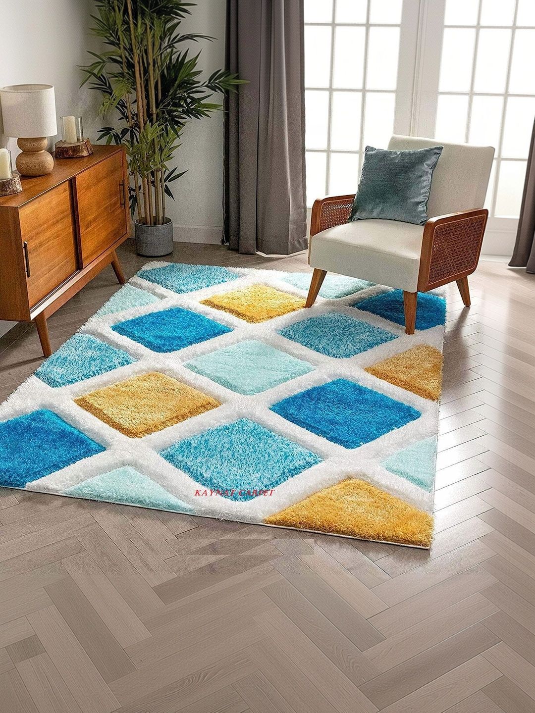 KAYNAT CARPET Yellow Geometric Anti-Skid Polyester Carpet-picture-50