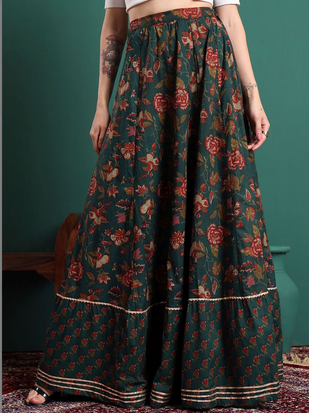 Sangria Women Cotton Floral Maxi Flared Skirt-picture-48
