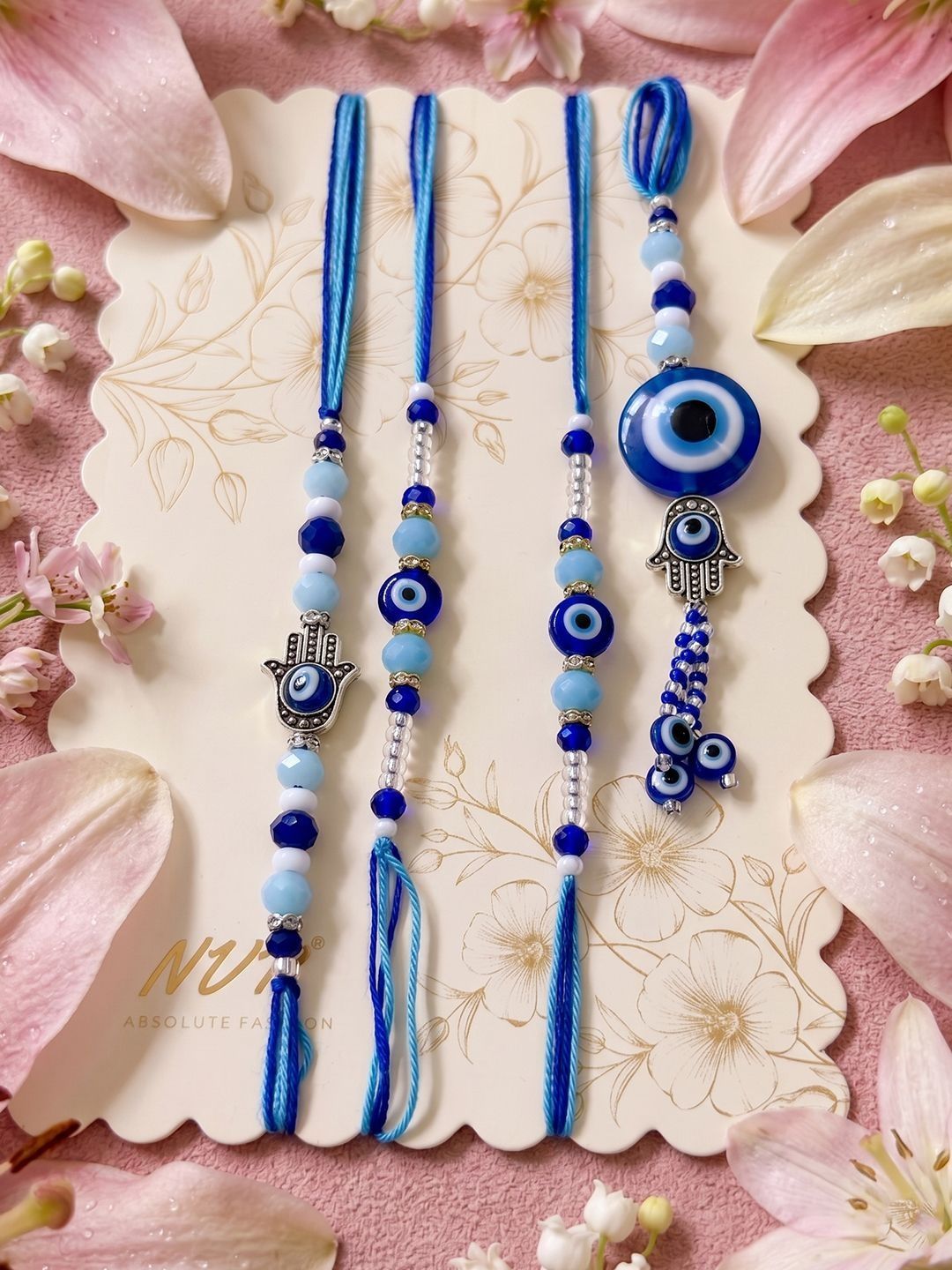 NVR Set Of 4 Designer Blue Evil Eye Thread Rakhi With Roli Chawal Chandan Mishri-picture-37
