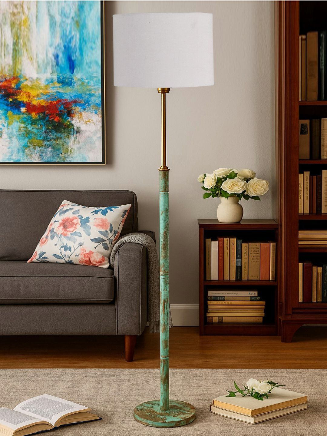 Myntra Elegant Homes Grey Wooden Tripod Floor Lamp-image-43